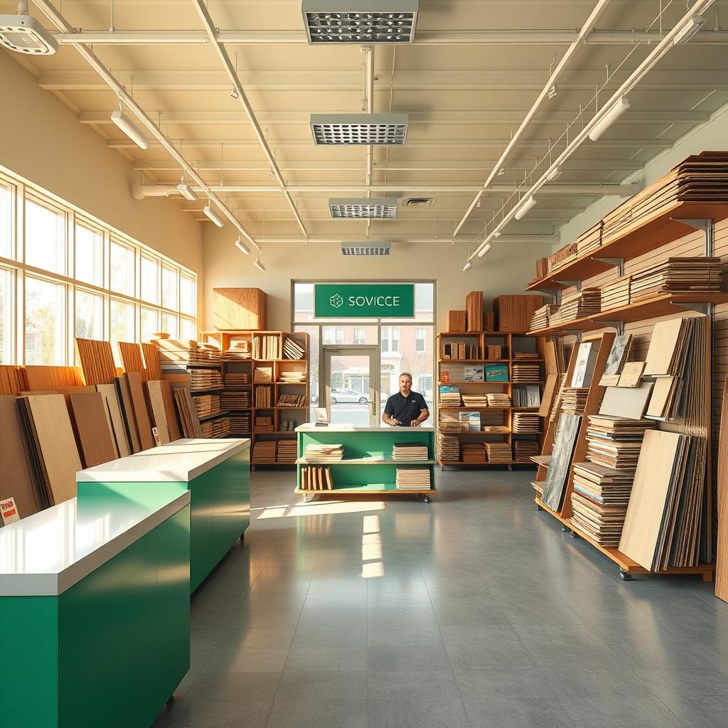 Building supply dealer counter interior with material samples