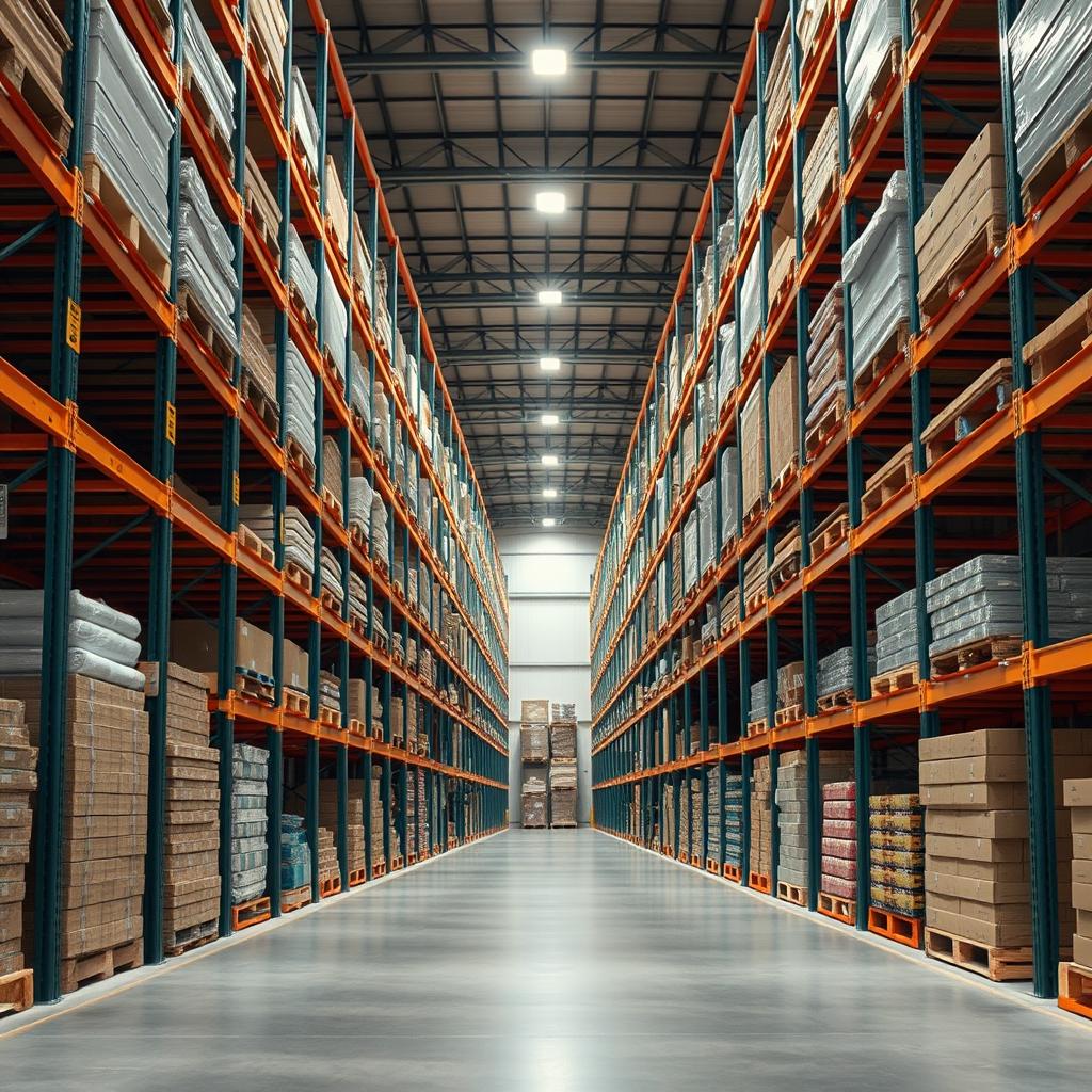 Clean aisle of tall warehouse storage racks filled with building materials